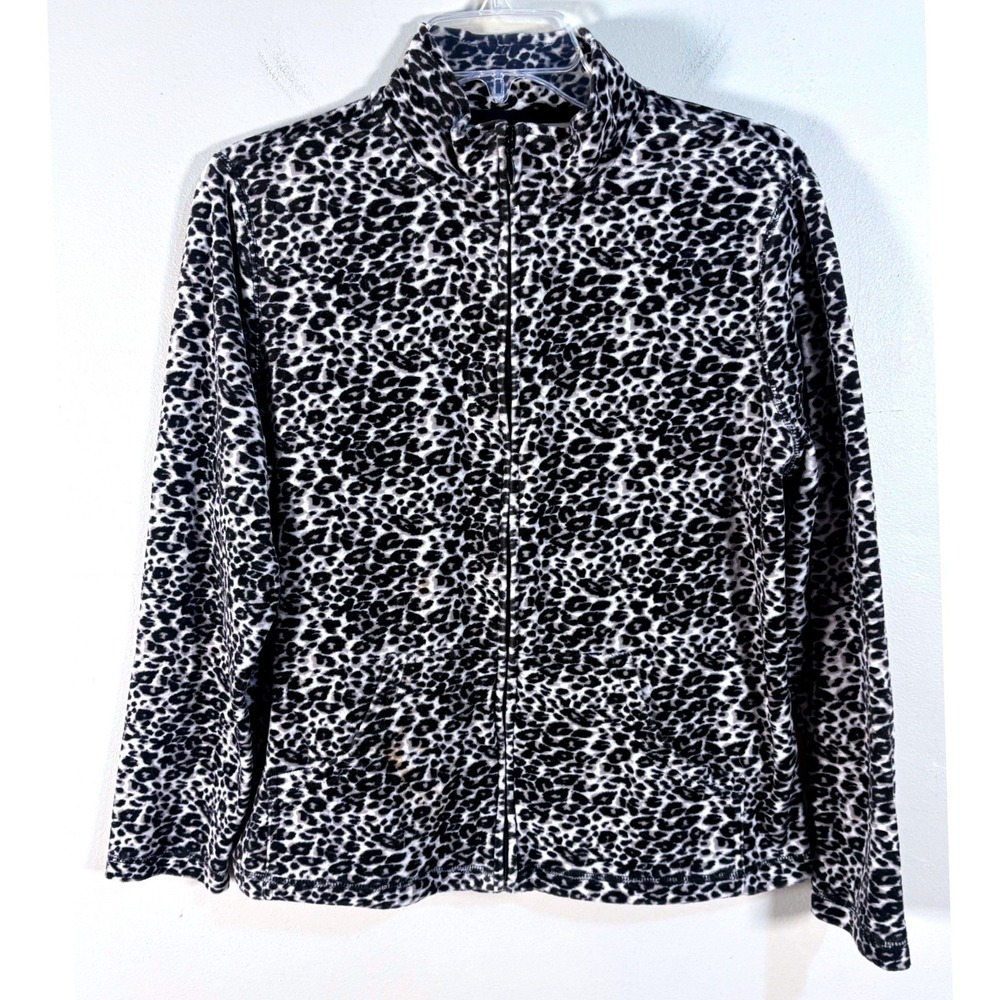 Kim Rogers Petite PM Leopard Print Full Zip Fleece Jacket Black White Mock Neck